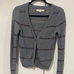 LOFT Gray Metallic-Striped V-Neck Cardigan